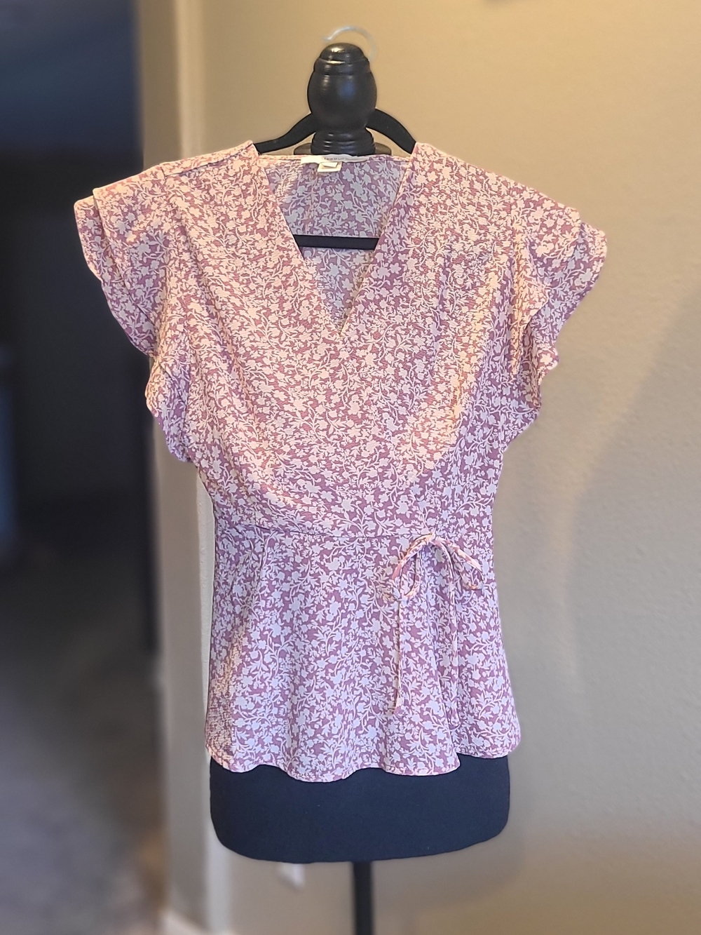 Monteau Dusty Rose Floral Wrap-Style Tie Blouse
